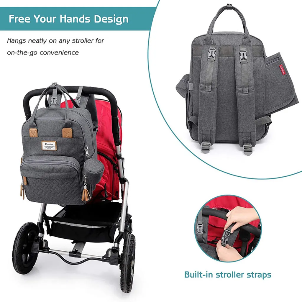 RUVALINO Baby Wickelrucksack Wickeltasche Rucksack Mit Tragbarer Wickelauflage, Schnullerhalter Und Kinderwagengurten, Babytasche Multifunktional Für Mama Und Papa, Dunkelgrau 6 RUVALINO Baby Wickelrucksack Wickeltasche Rucksack Mit Tragbarer Wickelauflage, Schnullerhalter Und Kinderwagengurten, Babytasche Multifunktional Für Mama Und Papa, Dunkelgrau - Image 6