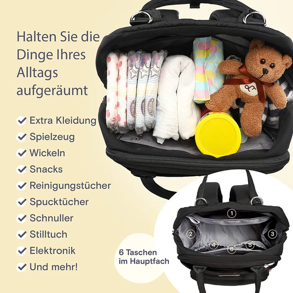 RUVALINO Wickeltasche Rucksack Großer Wickelrucksack Mit Multifunktionalen Babytaschen Und Mobiler Wickelauflage - Schnullerhalter - Für Mama Und Papa (Schwarz), Einheitsgröße 3 RUVALINO Wickeltasche Rucksack Großer Wickelrucksack Mit Multifunktionalen Babytaschen Und Mobiler Wickelauflage - Schnullerhalter - Für Mama Und Papa (Schwarz), Einheitsgröße - Image 3