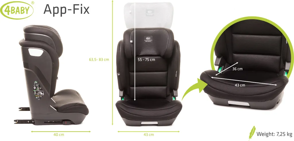 Kindersitz APP-FIX 100-150CM I-SIZE 15-36kg Norm ECE R129, 3 - 12 Jahre, Isofix Seitenprotektoren, Zusätzlicher Kopfschutz, Neigungsverstellung Farbe: Schwarz 7 Kindersitz APP-FIX 100-150CM I-SIZE 15-36kg Norm ECE R129, 3 - 12 Jahre, Isofix Seitenprotektoren, Zusätzlicher Kopfschutz, Neigungsverstellung Farbe: Schwarz - Image 7