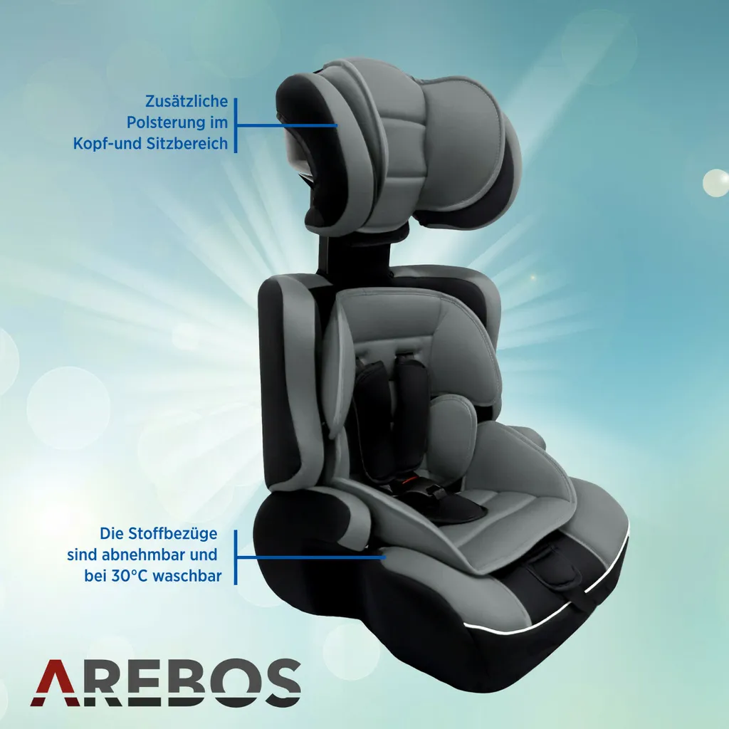 AREBOS Kinderautositz, 5-Punkt-Sicherheitsgurt, Gruppe 1+2+3 Für 9-36kg, Einstellbare Kopfstütze, ECE R44/04, Abnehmbare Rückenlehne, Verstellbar (44 X 44 X 66-78 Cm), Grau 2 AREBOS Kinderautositz, 5-Punkt-Sicherheitsgurt, Gruppe 1+2+3 Für 9-36kg, Einstellbare Kopfstütze, ECE R44/04, Abnehmbare Rückenlehne, Verstellbar (44 X 44 X 66-78 Cm), Grau – Bild 2