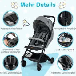 COSTWAY Klappbarer Kinderwagen, Reisewagen Für Kinder Im Gepäckstil Tragbar, Babywagen Mit Verstellbare Rückenlehne, Fußstütze, Baldachin, EVA-Räder, Kinderbuggy Für Kinder Von 0-3 Jahren (Grau) -lionelo || HAUCK || Kinderkraft Verkäufe 24cb596a338b22db374b6084a5266bcf