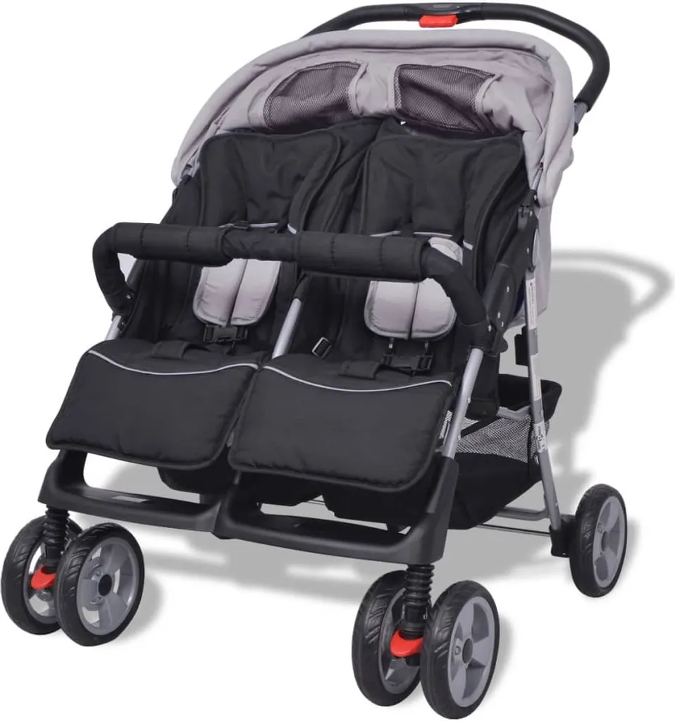 VidaXL Baby Zwillingswagen Stahl Grau Und Schwarz 4 VidaXL Baby Zwillingswagen Stahl Grau Und Schwarz - Image 4