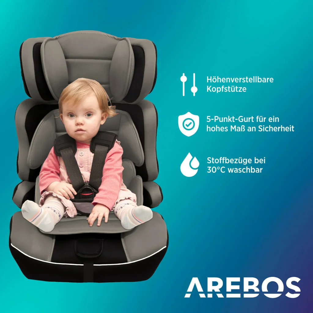 AREBOS Kinderautositz, 5-Punkt-Sicherheitsgurt, Gruppe 1+2+3 Für 9-36kg, Einstellbare Kopfstütze, ECE R44/04, Abnehmbare Rückenlehne, Verstellbar (44 X 44 X 66-78 Cm), Grau 6 AREBOS Kinderautositz, 5-Punkt-Sicherheitsgurt, Gruppe 1+2+3 Für 9-36kg, Einstellbare Kopfstütze, ECE R44/04, Abnehmbare Rückenlehne, Verstellbar (44 X 44 X 66-78 Cm), Grau – Bild 6