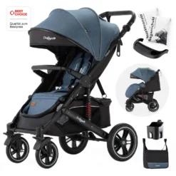 Daliya® Rapidy Buggy / Kinderwagen 0-36 Monate / Sportwagen Mit Liegeposition / Wickeltasche, Winterfußsack, Ess- & Spieltisch Und Mehr Linen Blau – Schwarz