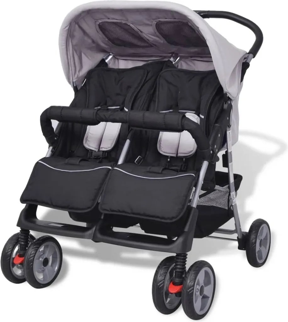 VidaXL Baby Zwillingswagen Stahl Grau Und Schwarz 1 VidaXL Baby Zwillingswagen Stahl Grau Und Schwarz