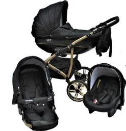 LUXUS Kombi Kinderwagen 4 In 1 Komplettset Mit Isofix-Basisstation Und Vollgummireifen - Schwarz/gold