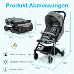 COSTWAY Klappbarer Kinderwagen, Reisewagen Für Kinder Im Gepäckstil Tragbar, Babywagen Mit Verstellbare Rückenlehne, Fußstütze, Baldachin, EVA-Räder, Kinderbuggy Für Kinder Von 0-3 Jahren (Grau) -lionelo || HAUCK || Kinderkraft Verkäufe 4f65cc84638202e31c02644d9e483ba9