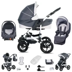 Friedrich Hugo Hamburg | 3 In 1 Kombi Kinderwagen Set | Luftreifen | Farbe: Grey & White