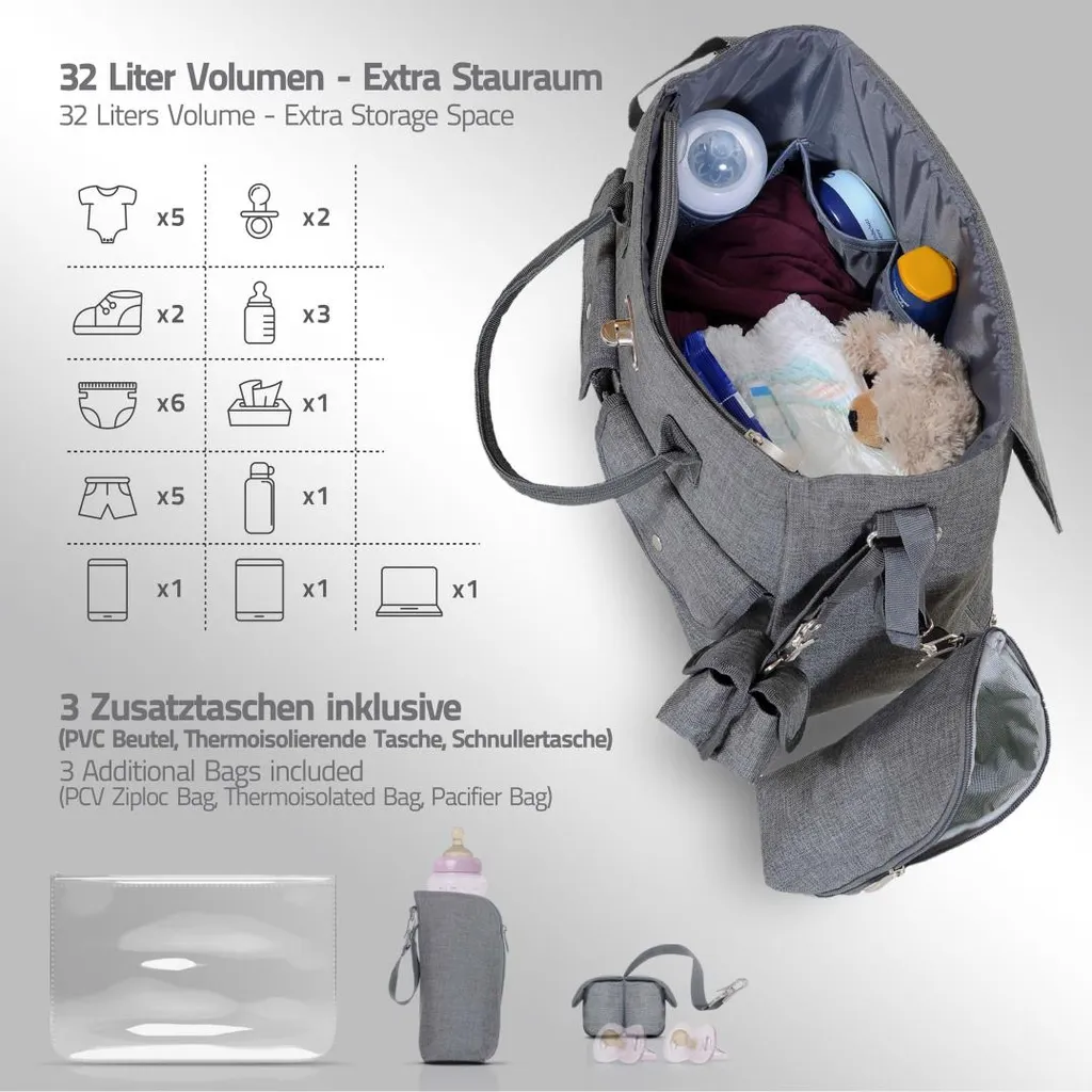 LCP Kids RIO Wickeltasche 5 Teilig Grau 2 LCP Kids RIO Wickeltasche 5 Teilig Grau - Image 2