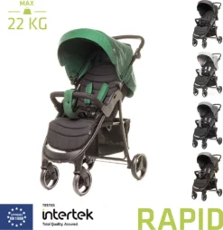 4BABY Rapid, Kinderwagen, Sportwagen, Ein Großer, Leichter Kinderwagen, Griffhöhenverstellung, Beinabdeckung, Große Räder Farbe: Grün