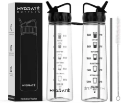Hydrate Sport & Freizeit HYDRATE 900ML TRINKFLASCHE MIT ZEITMARKIERUNGEN - SPORT WASSERFLASCHE MIT STROHHALM, Carbon Black 900ml Silikon