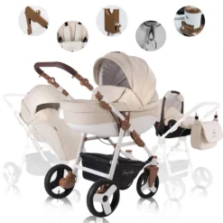 Friedrich Hugo Simpligo | 3 In 1 Kombi Kinderwagen Set | Luftreifen | Farbe: Sand (Kunstleder)