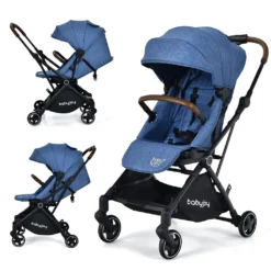 COSTWAY Kinderbuggy Mit Drehbarem Sitz Und Verstellbarem Verdeck & Fußstütze, Kinderwagen Mit Aufbewahrungskorb, Klappbar, Für Baby 0-36 Monate (Blau)