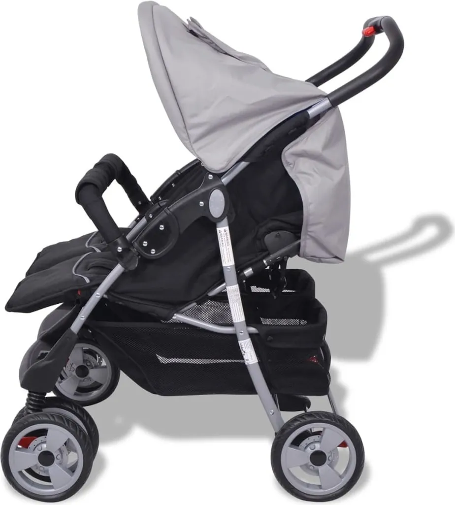 VidaXL Baby Zwillingswagen Stahl Grau Und Schwarz 6 VidaXL Baby Zwillingswagen Stahl Grau Und Schwarz - Image 6