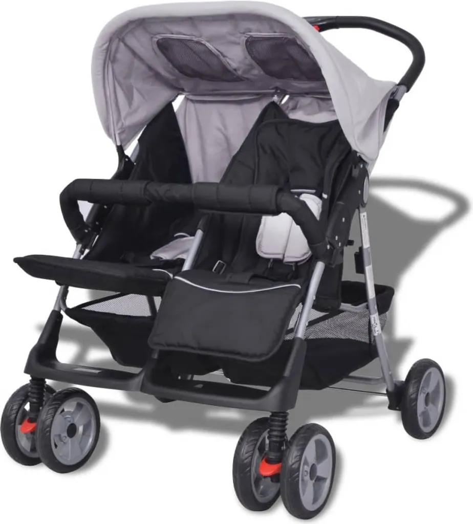 VidaXL Baby Zwillingswagen Stahl Grau Und Schwarz 5 VidaXL Baby Zwillingswagen Stahl Grau Und Schwarz - Image 5