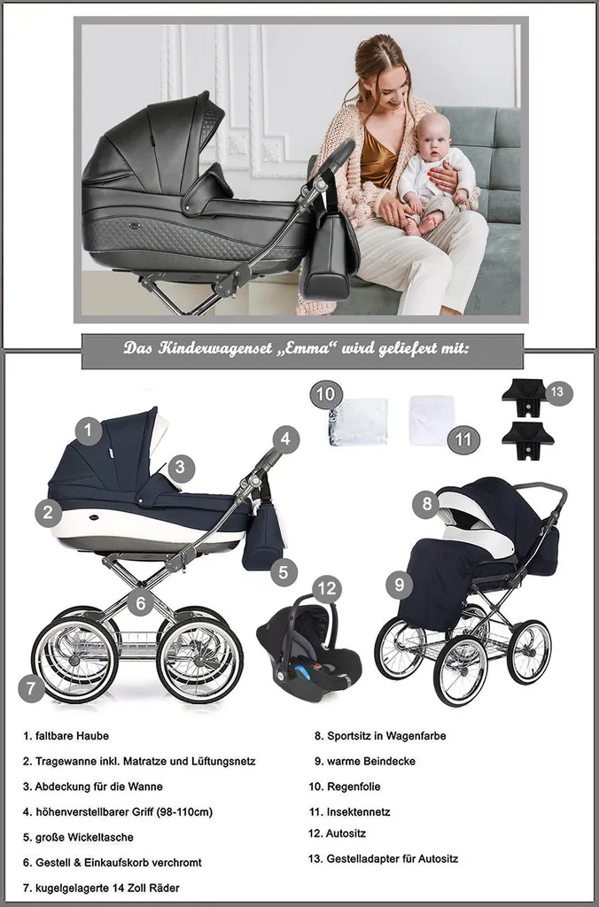 Kinderwagen Retro 3 In 1 „Roan Emma“ (E-73) – Sportsitz, Autositz Und Mega Zubehör 2 Kinderwagen Retro 3 In 1 „Roan Emma“ (E-73) – Sportsitz, Autositz Und Mega Zubehör – Bild 2