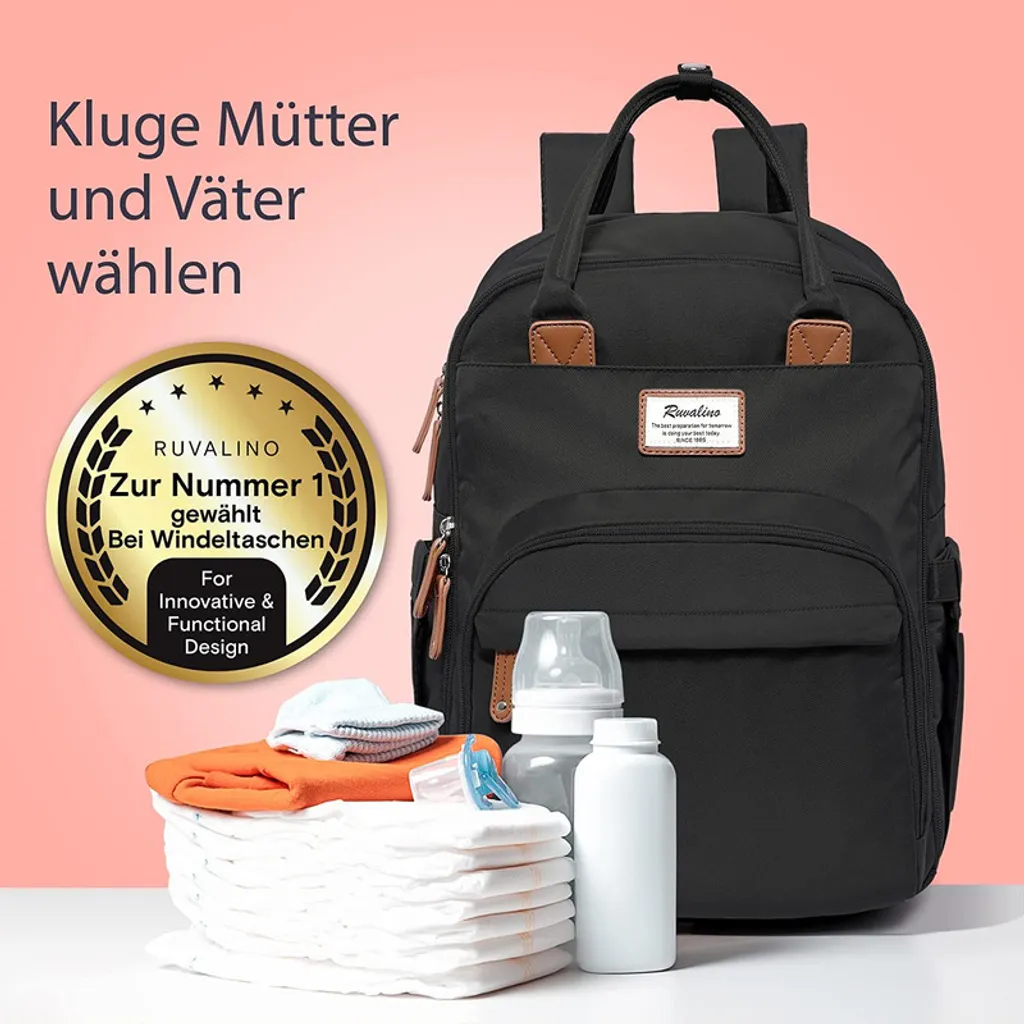 RUVALINO Wickeltasche Rucksack Großer Wickelrucksack Mit Multifunktionalen Babytaschen Und Mobiler Wickelauflage - Schnullerhalter - Für Mama Und Papa (Schwarz), Einheitsgröße 6 RUVALINO Wickeltasche Rucksack Großer Wickelrucksack Mit Multifunktionalen Babytaschen Und Mobiler Wickelauflage - Schnullerhalter - Für Mama Und Papa (Schwarz), Einheitsgröße - Image 6