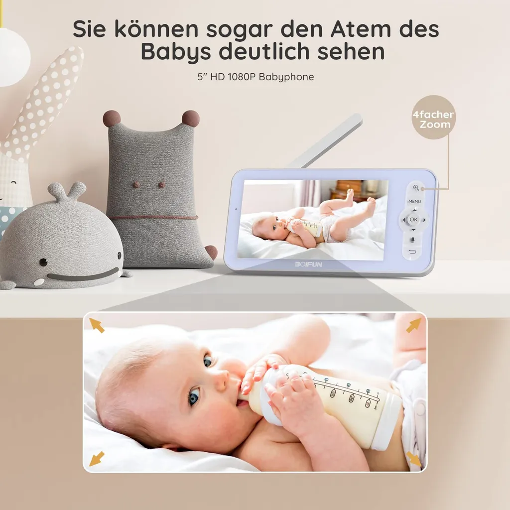 BOIFUN Babyphone Mit Kamera 1080P, 5" Babyfon Video, PTZ 355°, Bewegungs Und Geräuscherkennung, Temperatur Und Luftfeuchtigkeitsüberwachung 5 BOIFUN Babyphone Mit Kamera 1080P, 5" Babyfon Video, PTZ 355°, Bewegungs Und Geräuscherkennung, Temperatur Und Luftfeuchtigkeitsüberwachung - Image 5