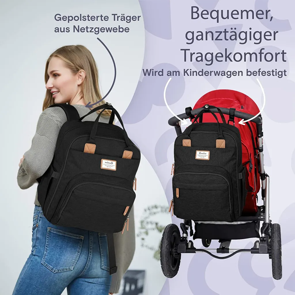 RUVALINO Wickeltasche Rucksack Großer Wickelrucksack Mit Multifunktionalen Babytaschen Und Mobiler Wickelauflage - Schnullerhalter - Für Mama Und Papa (Schwarz), Einheitsgröße 5 RUVALINO Wickeltasche Rucksack Großer Wickelrucksack Mit Multifunktionalen Babytaschen Und Mobiler Wickelauflage - Schnullerhalter - Für Mama Und Papa (Schwarz), Einheitsgröße - Image 5