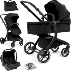 Bergsteiger Lugo Kinderwagen, Farbe: Black / Gestell: Black, Kombikinderwagen Komplettset Inkl. Zubehör - Babyschale, Buggy-Aufsatz, Sonnenschutz & Wetterfußsack | Isofix Station Erhältlich
