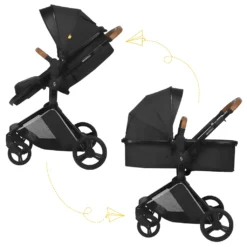 Skiddoü Kinderwagen 2 In 1 Nasjo, Leichter Buggy Und Babywanne, Robuste Aluminiumrahmen, Kompakte Größe, Blockademöglichkeit Der Vorderräder, Handbremse, Belüftungssystem, Schwarz