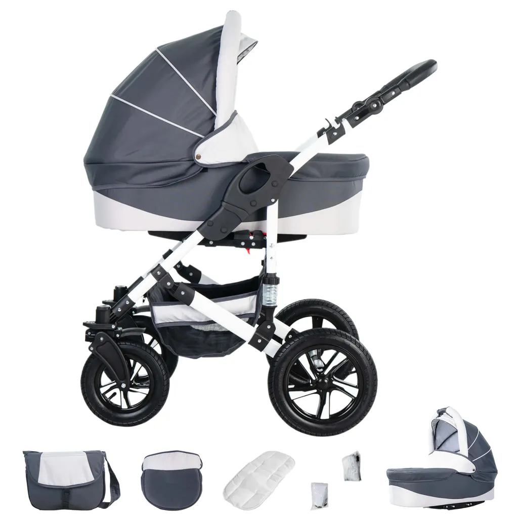 Friedrich Hugo Hamburg | 3 In 1 Kombi Kinderwagen Set | Luftreifen | Farbe: Grey & White 2 Friedrich Hugo Hamburg | 3 In 1 Kombi Kinderwagen Set | Luftreifen | Farbe: Grey & White - Image 2