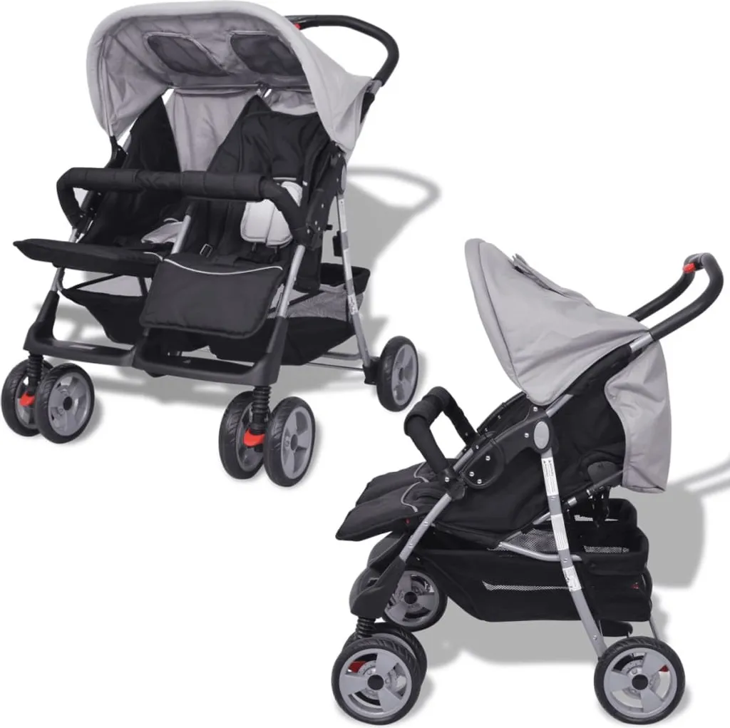 VidaXL Baby Zwillingswagen Stahl Grau Und Schwarz 2 VidaXL Baby Zwillingswagen Stahl Grau Und Schwarz - Image 2