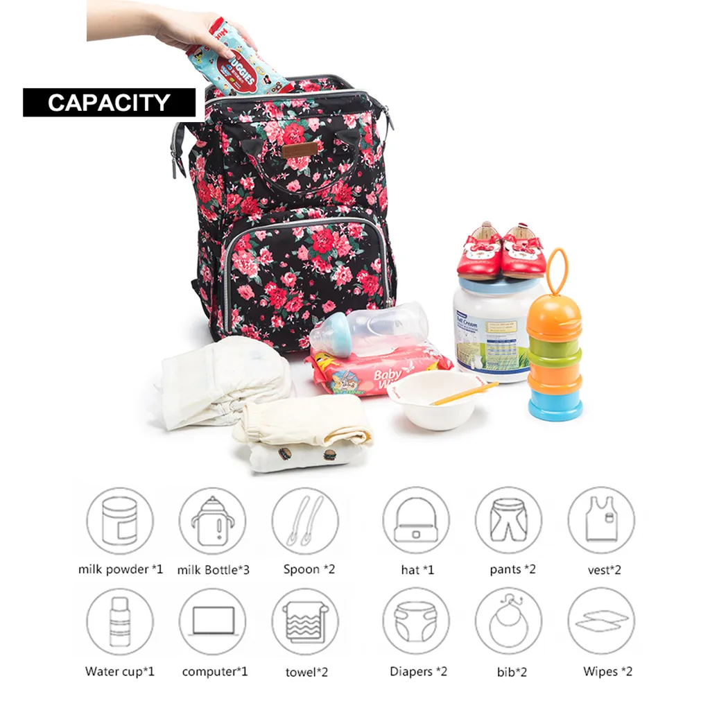 Baby Wickelrucksack Blumen Große Baby Wickeltasche , Multifunktional Babyrucksack, Wasserdichter Reiserucksack Für Unterwegs 6 Baby Wickelrucksack Blumen Große Baby Wickeltasche , Multifunktional Babyrucksack, Wasserdichter Reiserucksack Für Unterwegs – Bild 6