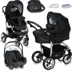Bergsteiger Capri Kinderwagen, Farbe: Black Edition / Gestell: Silber, 3-in-1 Kombikinderwagen, Inkl. Babyschale, Babywanne, Sportwagen Und Zubehör