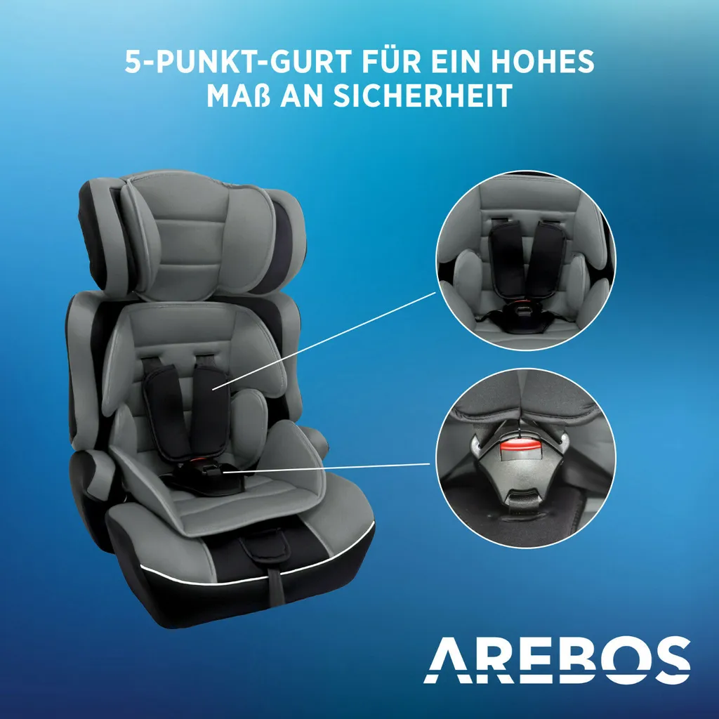AREBOS Kinderautositz, 5-Punkt-Sicherheitsgurt, Gruppe 1+2+3 Für 9-36kg, Einstellbare Kopfstütze, ECE R44/04, Abnehmbare Rückenlehne, Verstellbar (44 X 44 X 66-78 Cm), Grau 4 AREBOS Kinderautositz, 5-Punkt-Sicherheitsgurt, Gruppe 1+2+3 Für 9-36kg, Einstellbare Kopfstütze, ECE R44/04, Abnehmbare Rückenlehne, Verstellbar (44 X 44 X 66-78 Cm), Grau – Bild 4